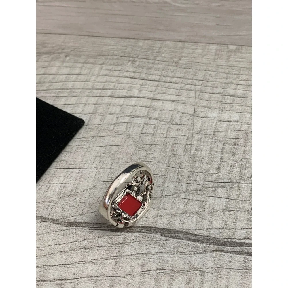 Mens Red Enamel Celtic Knot Silver Tone Signet Fashion Ring Size 13.25